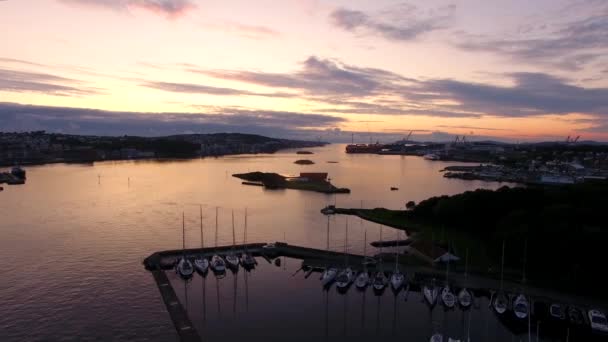 Yachts in the bay of Stavanger, aerial view — Stock Video