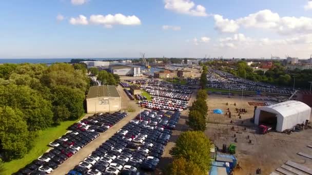 Carros novos em um porto, vista de cima — Vídeo de Stock