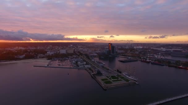 Port of Gdynia at sunset, top view — Stock Video