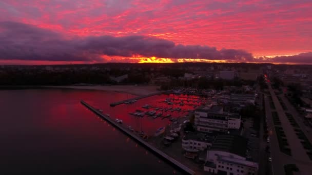 Port of Gdynia at sunset, top view — Stock Video