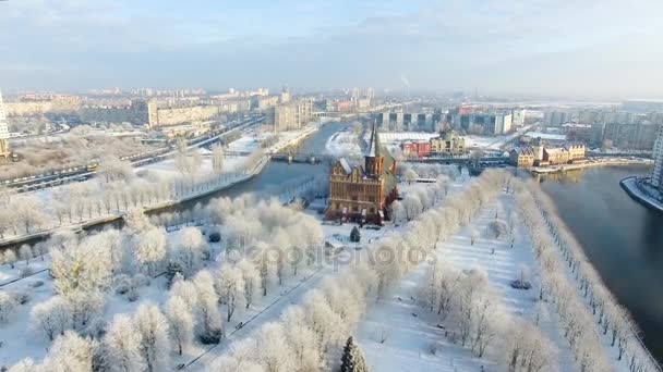Антени Кафедральному Соборі Засніжені Місті Калінінград Російська Федерація — стокове відео