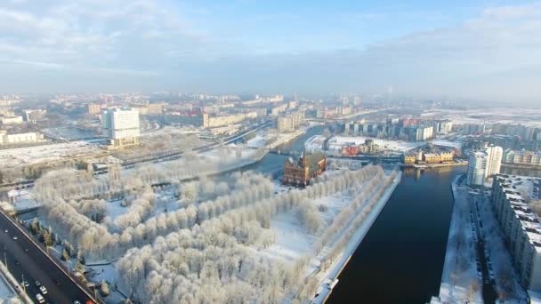 Anteni Kaliningrad Rusya Nın Karla Kaplı Şehrin Katedrali — Stok video