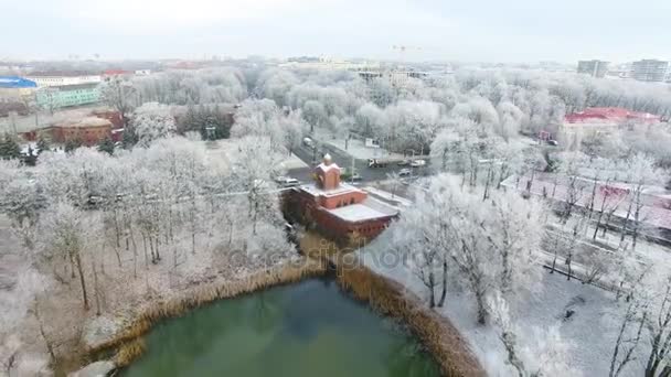 Aerial Snow Covered Public Park Kaliningrad Russia — Stock Video