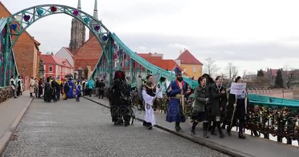 Wroclaw Polen Januari 2018 Feestelijke Stoet Van Mensen Straat Van — Stockvideo