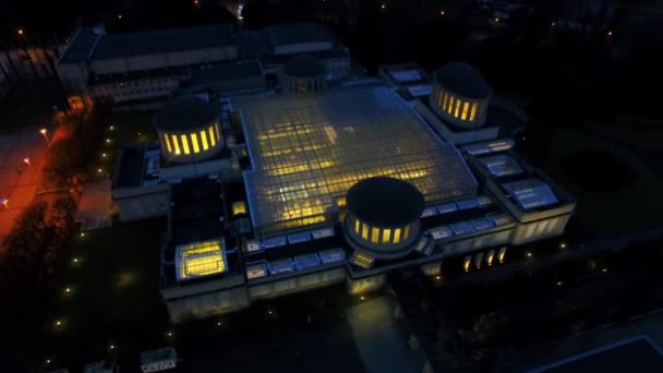 Aerial Four Domes Pavilion Wroclaw Night — Stock Video