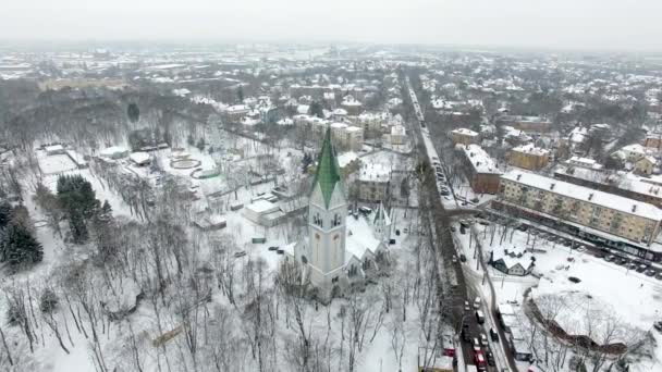 Aerial Teatro Delle Marionette Kaliningrad Inverno Nevoso — Video Stock