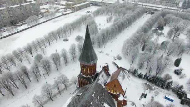 Κεραία Τον Καθεδρικό Ναό Στο Καλίνινγκραντ Χιονισμένο Χειμώνα — Αρχείο Βίντεο