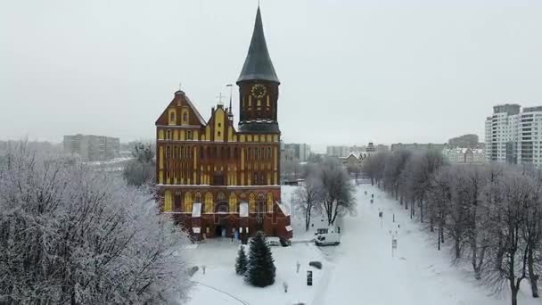 Aéreo Catedral Kaliningrado Inverno Nevado — Vídeo de Stock
