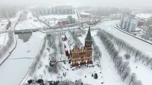 Anteni Kaliningrad Karlı Kış Katedrali — Stok video