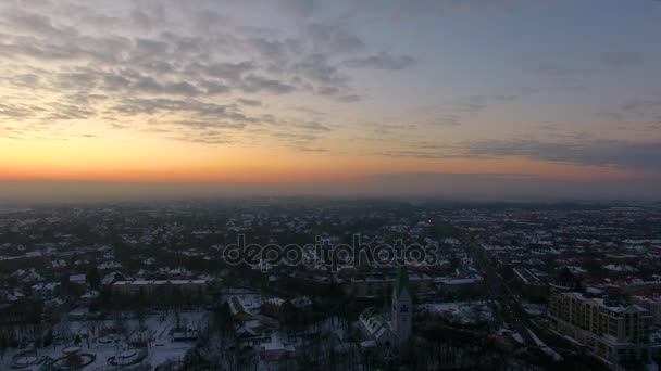 Antenne Das Kaliningrader Puppentheater Öffentlichen Park Winter Bei Sonnenuntergang — Stockvideo