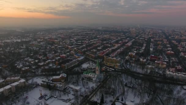 Antenne Das Kaliningrader Puppentheater Öffentlichen Park Winter Bei Sonnenuntergang — Stockvideo