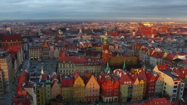 Antenn Gamla Stan Wroclaw Kvällstid — Stockvideo