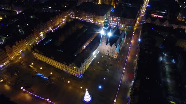 Antenn Den Marknaden Square Wroclaw Natten — Stockvideo