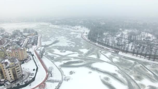 Aérea Lago Superior Congelado Invierno Kaliningrado — Vídeos de Stock