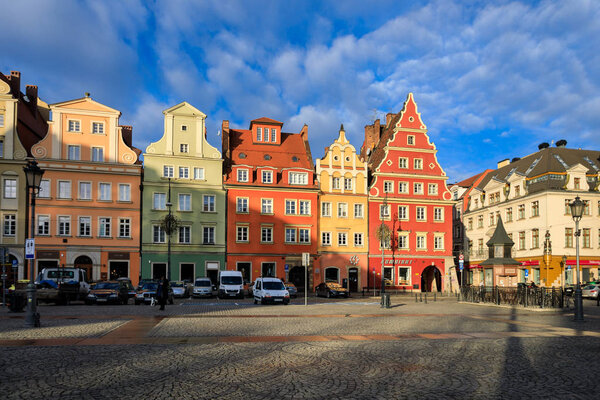 Wroclaw, Poland - January 05 2018: Colorful houses on the Market Square of Wroclaw