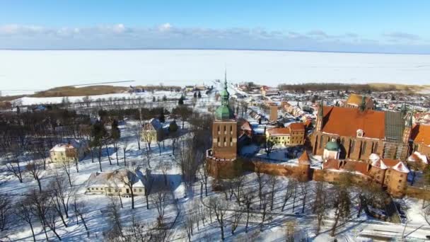 Antenne Kasteel Van Frombork Polen Wintertijd — Stockvideo