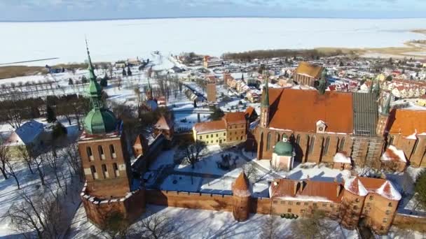 Aéreo Castelo Frombork Polônia Inverno — Vídeo de Stock