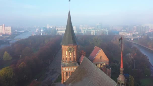 Toren Van Kathedraal Kaliningrad Morgen Mist — Stockvideo