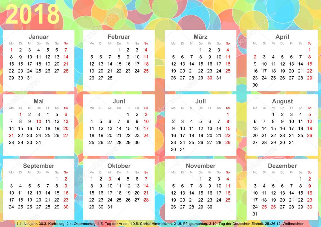 Calendar 2018 background colorful circles GER