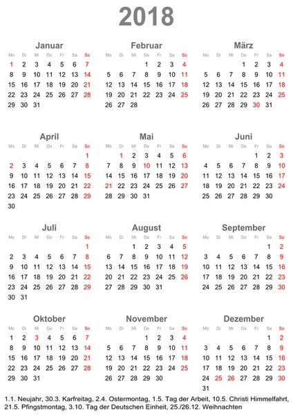Enkel kalender 2018 med helgdagar Tyskland — Stock vektor