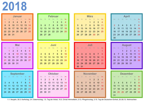 Kalender 2018 elke maand verschillende gekleurde vierkante Ger — Stockvector