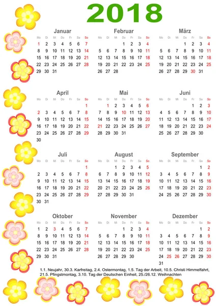 Calendário 2018 para GER com flores coloridas —  Vetores de Stock