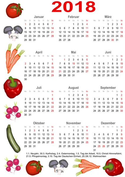 Calendario 2018 para GER con varias verduras — Vector de stock