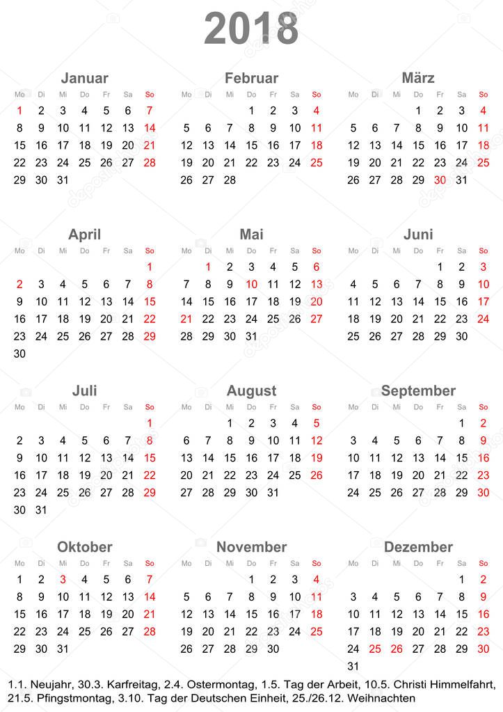 Simple calendar 2018 with public holidays for Germany