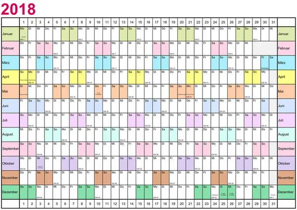 Perencana Tahun 2018 linear Jerman dengan warna yang berbeda - Stok Vektor