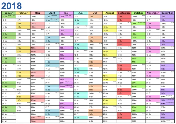 Ano planejador 2018 Alemanha em cores diferentes — Vetor de Stock