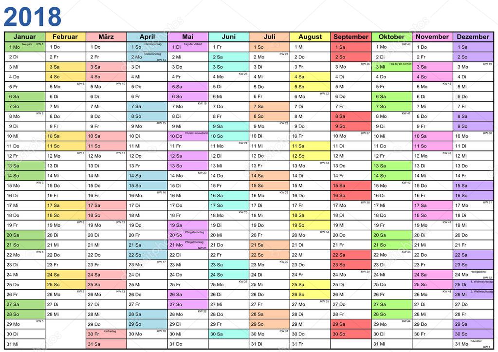 Year Planner 2018 Germany in different colors