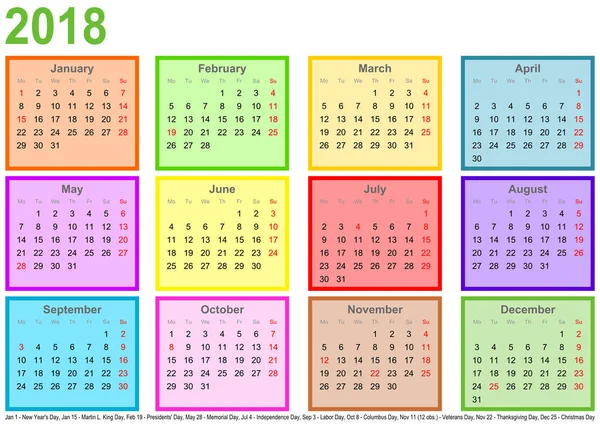 Calendrier 2018 chaque mois carré de couleur différente États-Unis — Image vectorielle