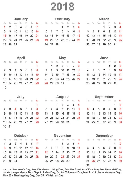 Simple calendar 2018 with public holidays for USA — Stock Vector