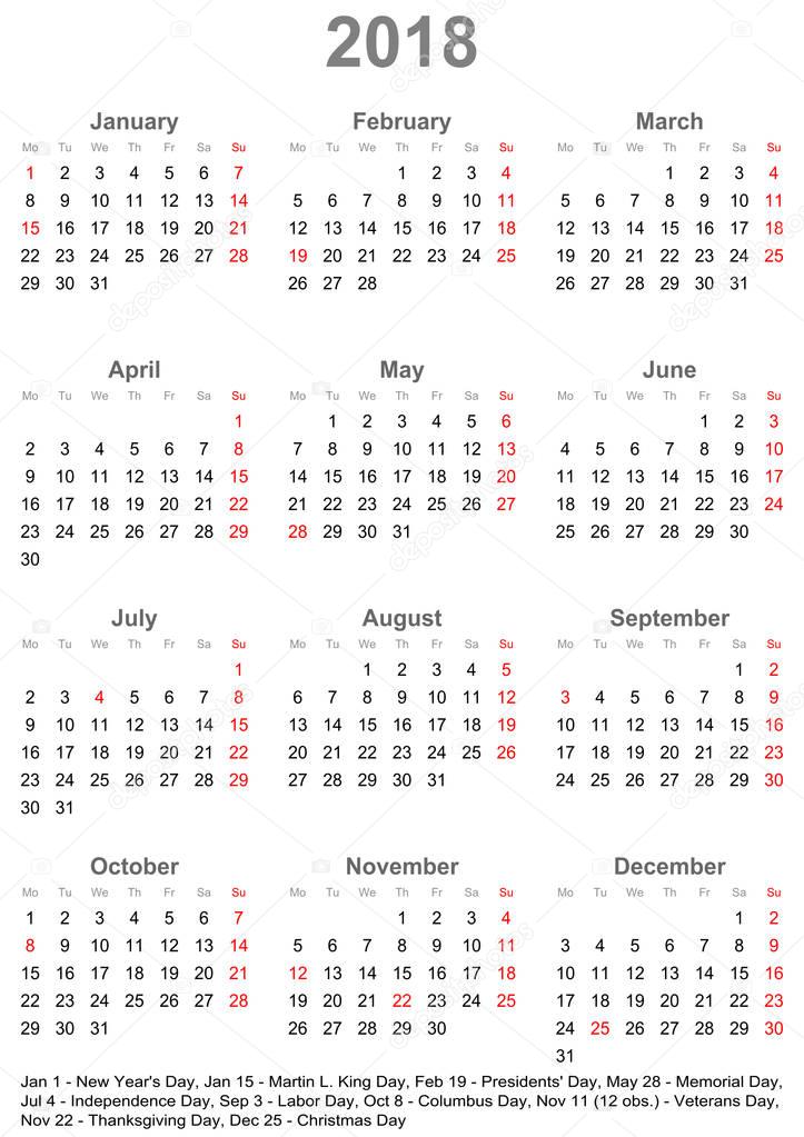Simple calendar 2018 with public holidays for USA