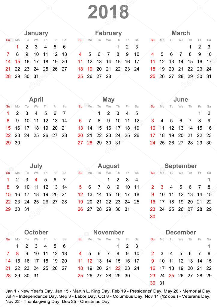 Calendar 2018 for USA - week starts on sunday