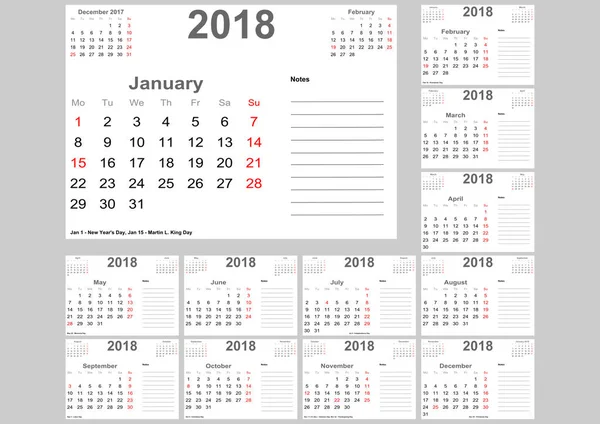 2018 календар для США із місцем для нотаток — стоковий вектор