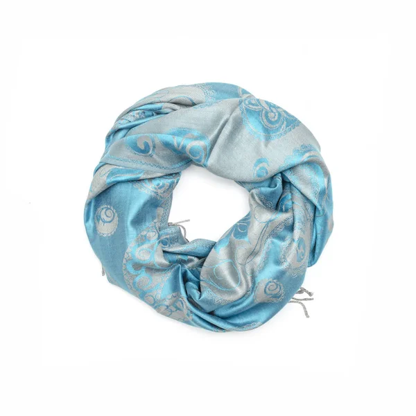 Blue women's scarf with pattern isolated on white — Stock Photo, Image