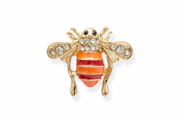 Broche de abeja dorada con diamantes aislados en blanco —  Fotos de Stock