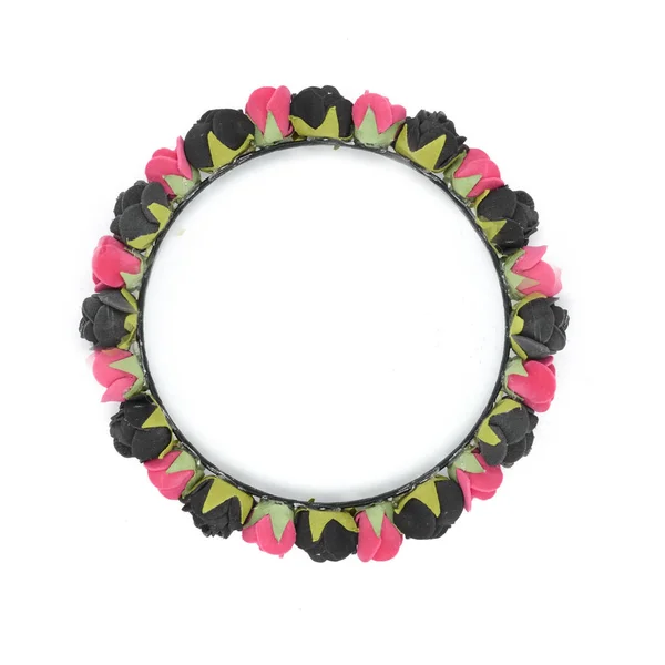 Round wreath with pink and black roses isolated on white — Stock Photo, Image