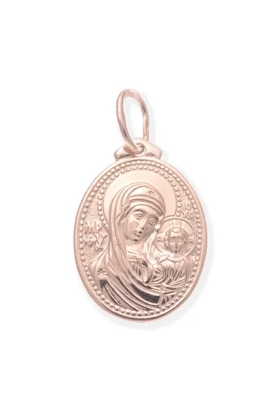 圣母玛利亚上白色孤立的黄金纪念章 — 图库照片