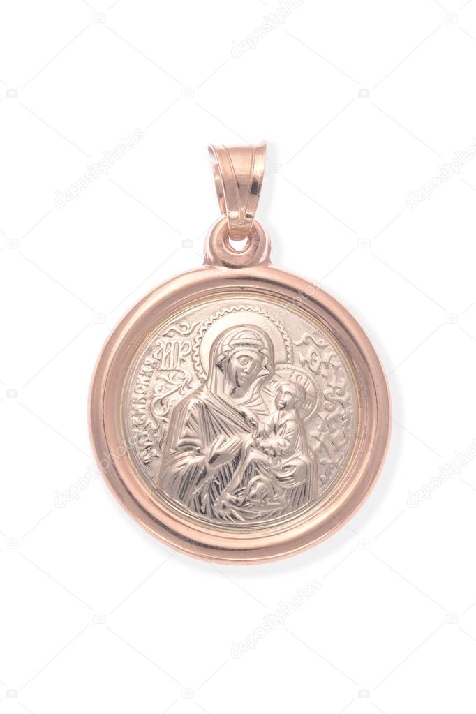 Gold medallion with the Virgin Mary isolated on white