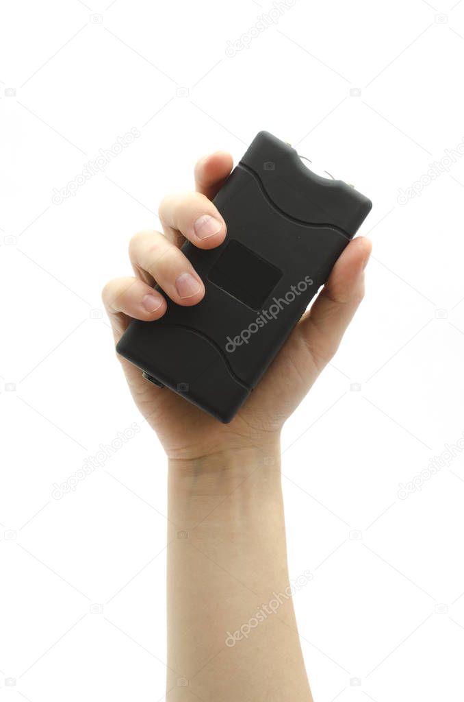black rectangular taser in hand isolated on white