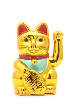 heykelcik altın kedi üzerinde beyaz izole iyi şans getirir