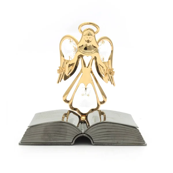 Ειδώλιο χρυσή Άγγελος με βιβλίο που απομονώνονται σε λευκό — Φωτογραφία Αρχείου