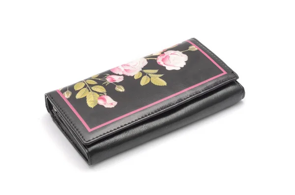 Black clutch with flowers isolated on white — Stock Photo, Image