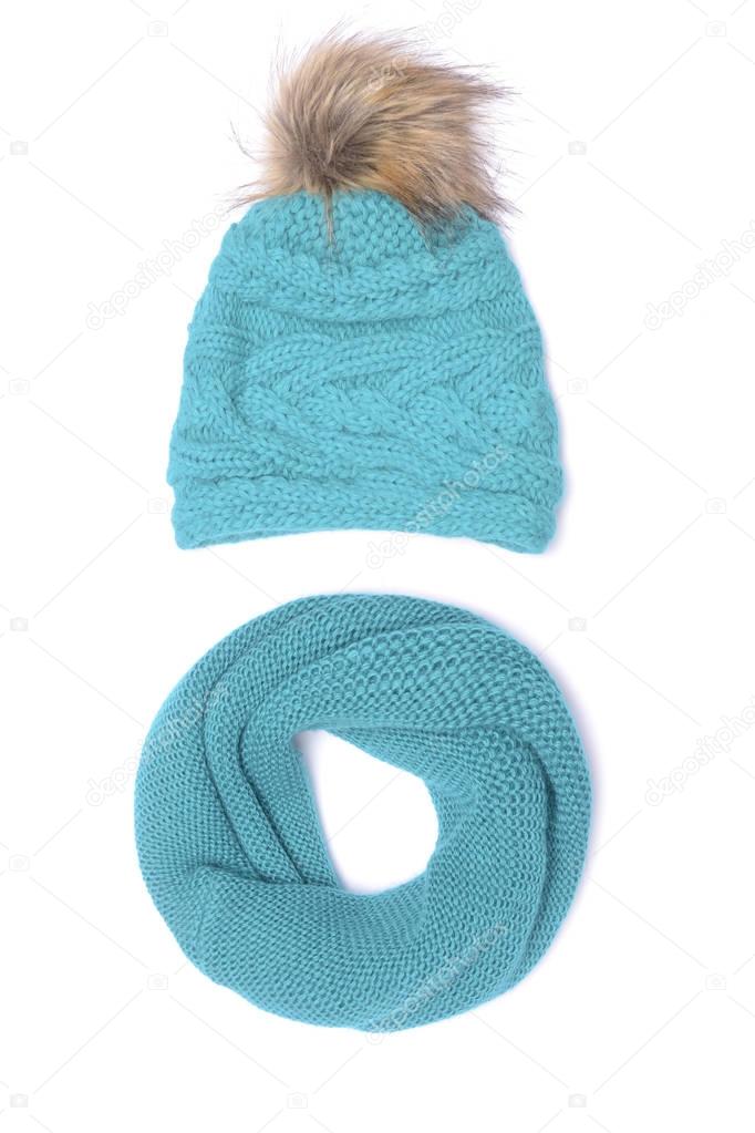 blue bubo hat and scarf isolated on white