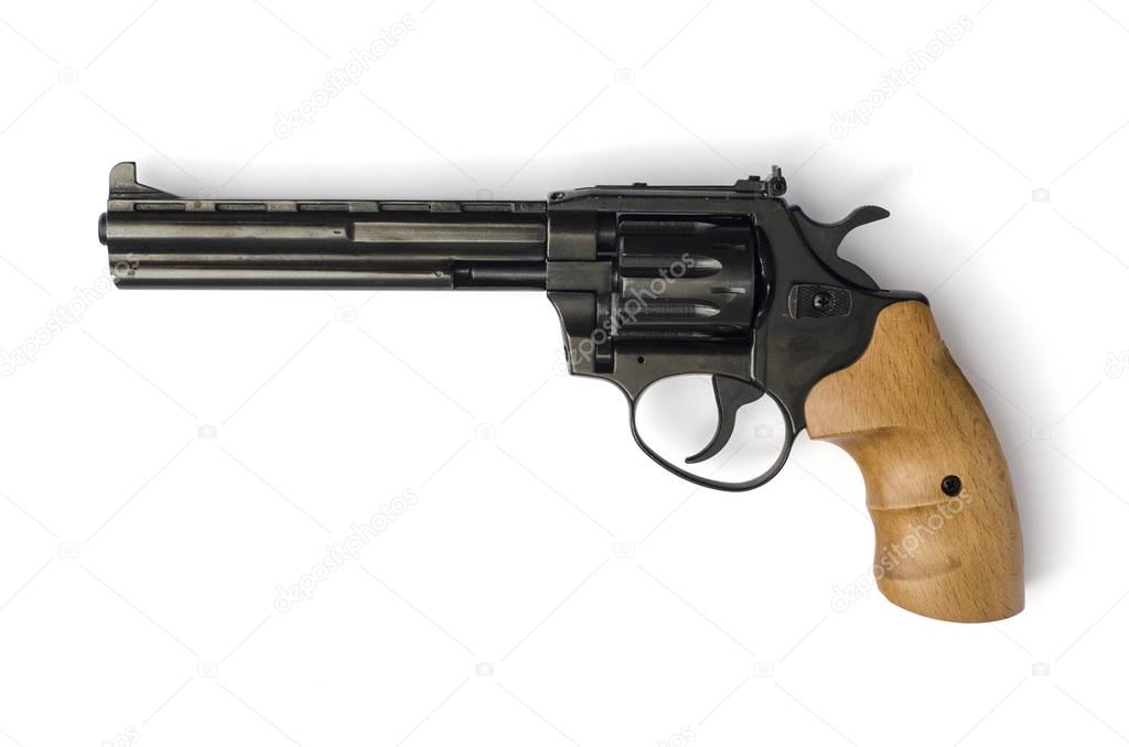 revolver with a wooden handle isolated on a white background