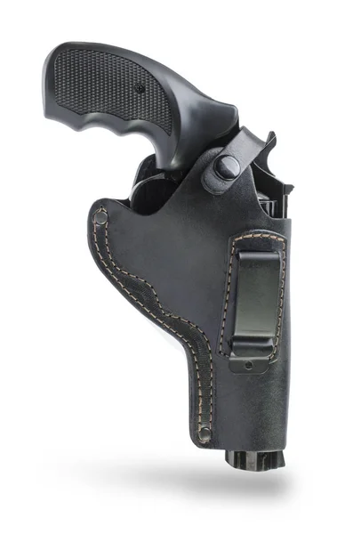 Револьвер в кожаной черной кобуре — стоковое фото