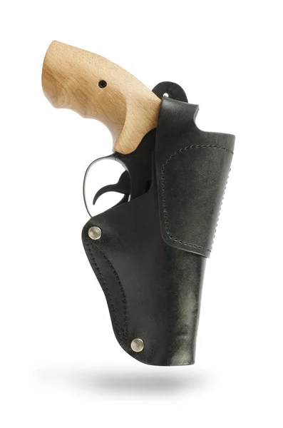 Револьвер в шкіряному чорному кобурі ізольований — стокове фото