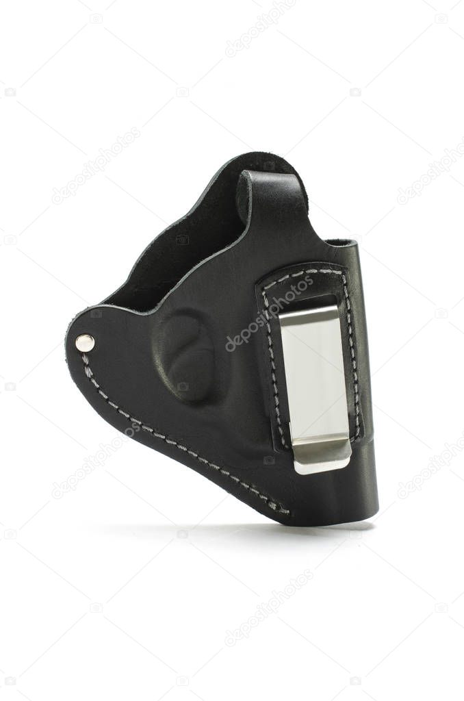 black leather belt holster isolated on white
